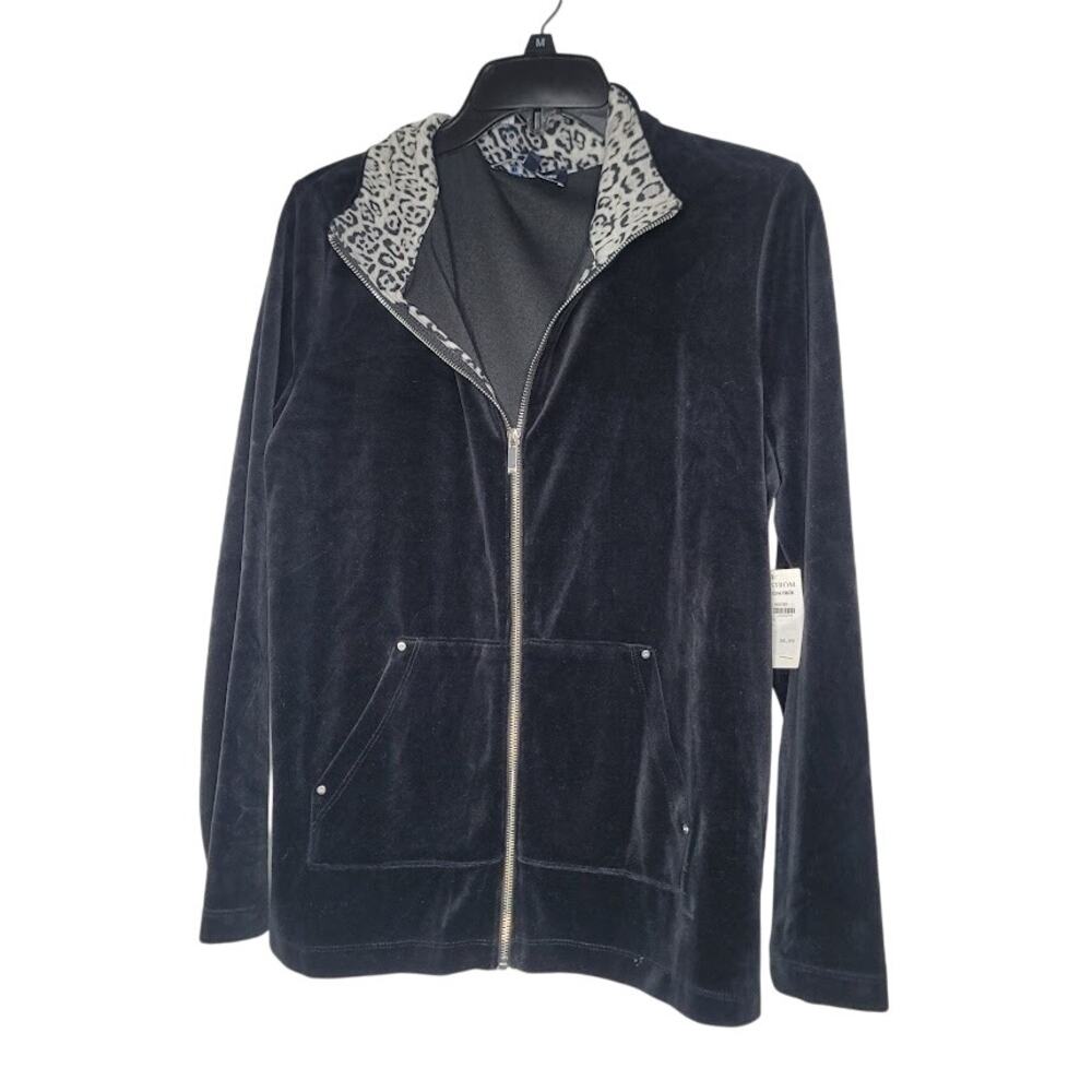 Jones New York Jacket Size Medium Black Animal Print Full Zip Crushed Velvet NEW